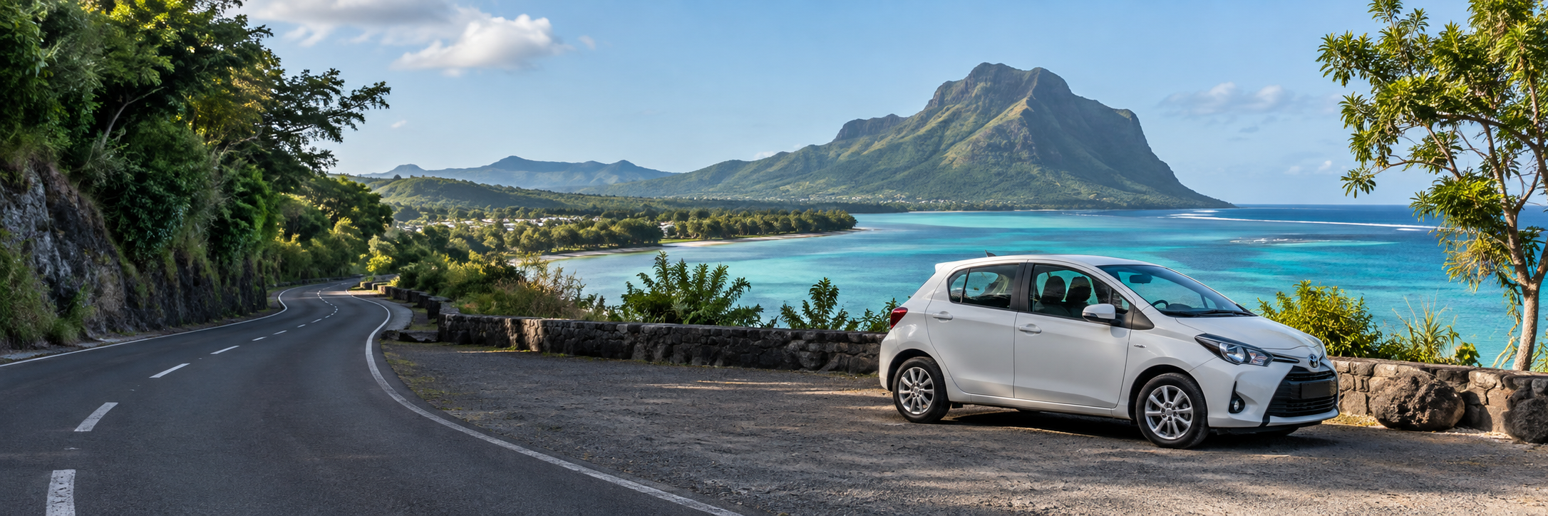 Illustrative coastal road overlooking a Mauritian lagoon